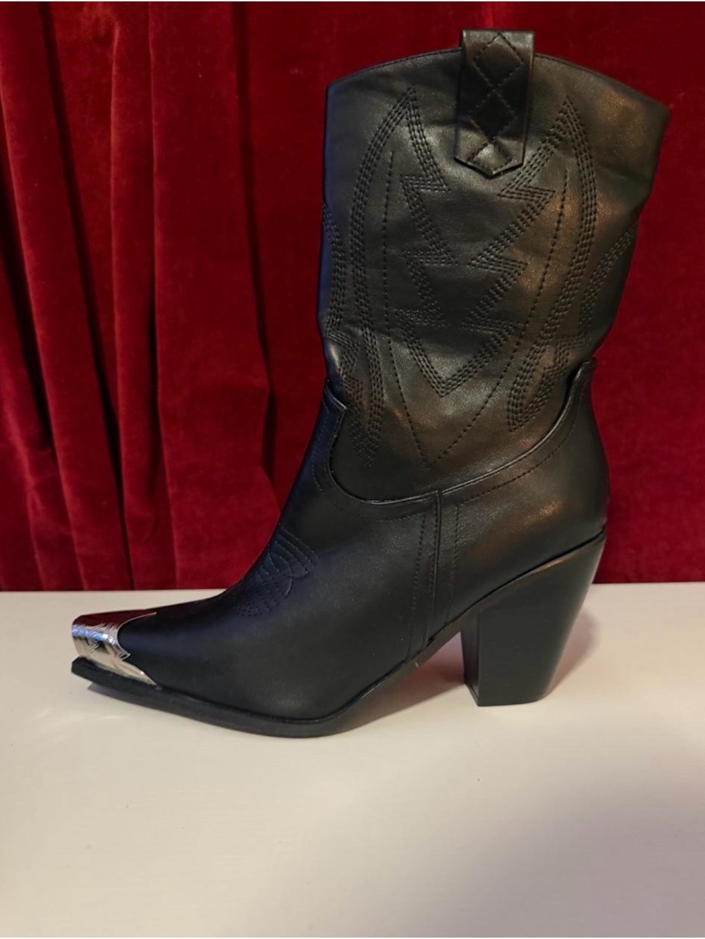 BRAND NEW Women's Black Western Leather Mid-Calf Boot with Silver Toe Accent